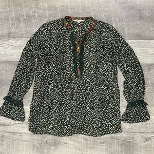 LOFT Long Sleeve Mini Print Blouse Womens M Ruffle Cuff Black Floral Flowy